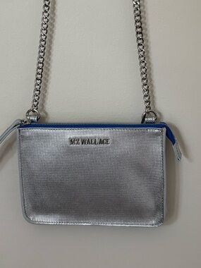 MZWALLACE Silver Metallic Crossbody with Chain Strap and Blue Trim